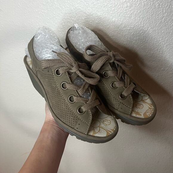 Fly London Yuta Wedge Sandals Taupe Perforated Lace-Up Open Toe 40 / US 9.5-10 - Picture 2 of 8